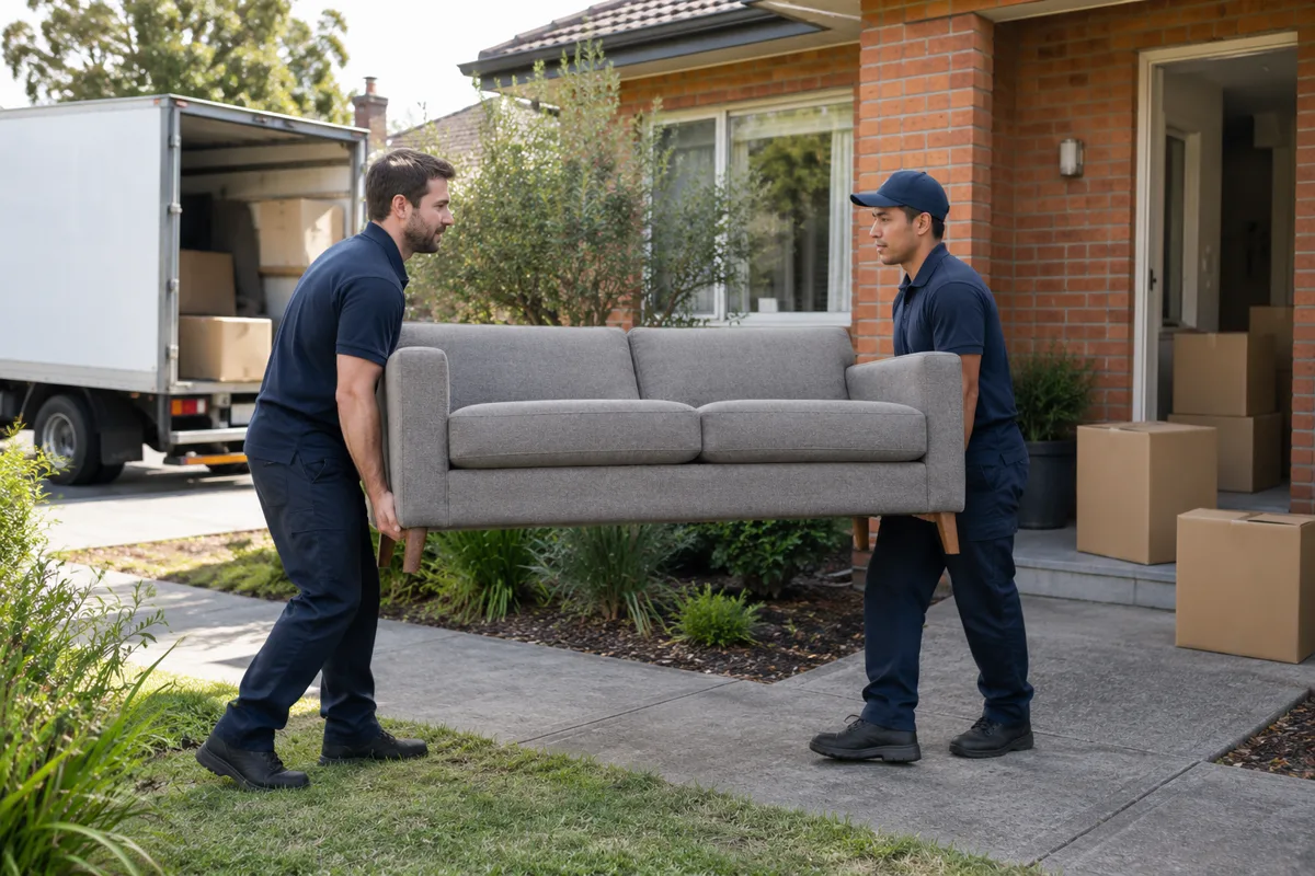 Two movers carrying a lounge outside a suburban home, with a moving truck in the background
